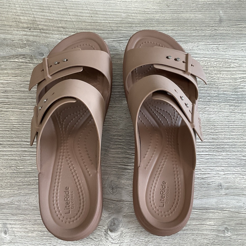 Crocs Lite Ride Beige Brooklyn Platform Sandals Mid Wedge Buckle Slide Women's 9 - Picture 7 of 15
